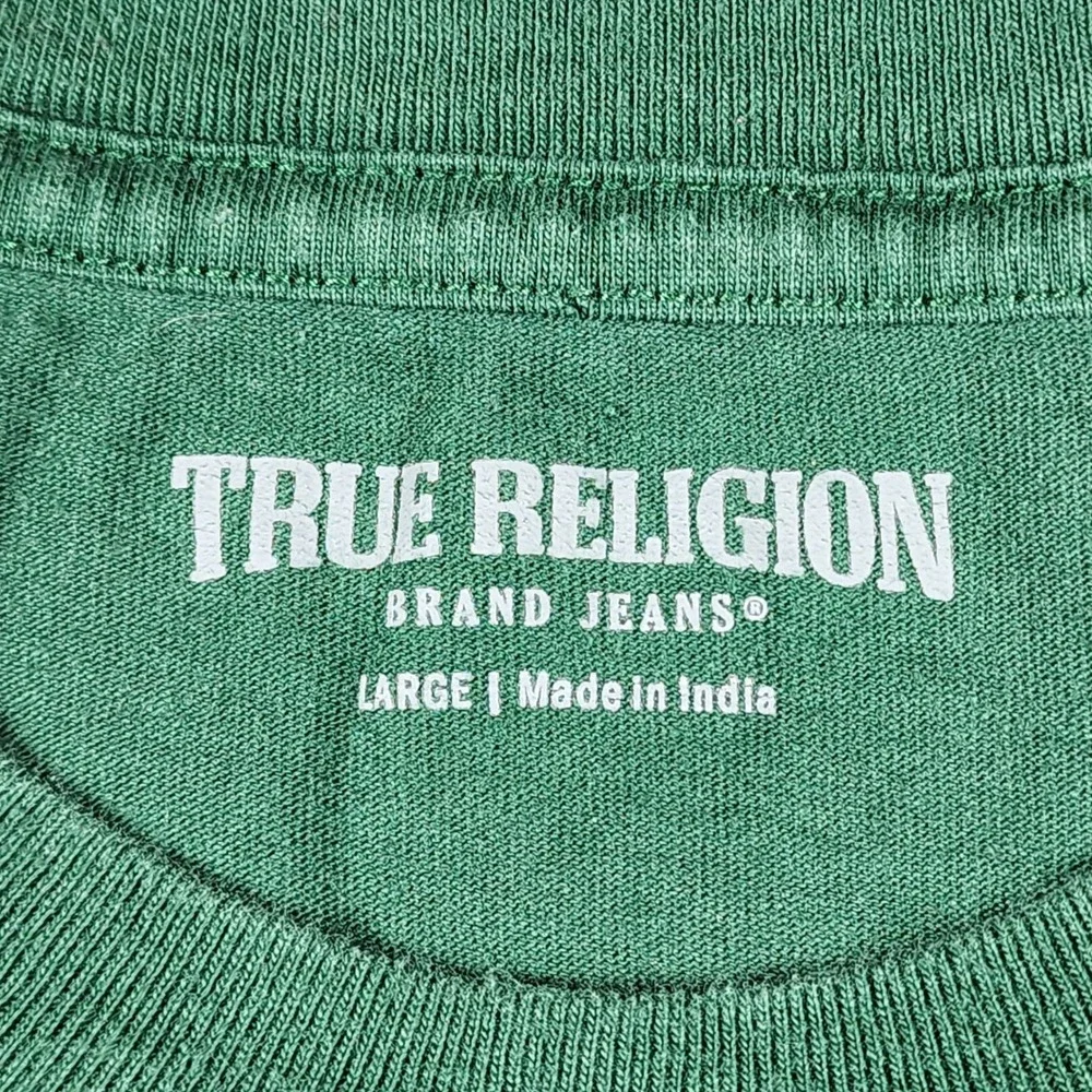 True Religion Mens Green Silver Buddha Logo Graphic T-Shirt Cotton Large